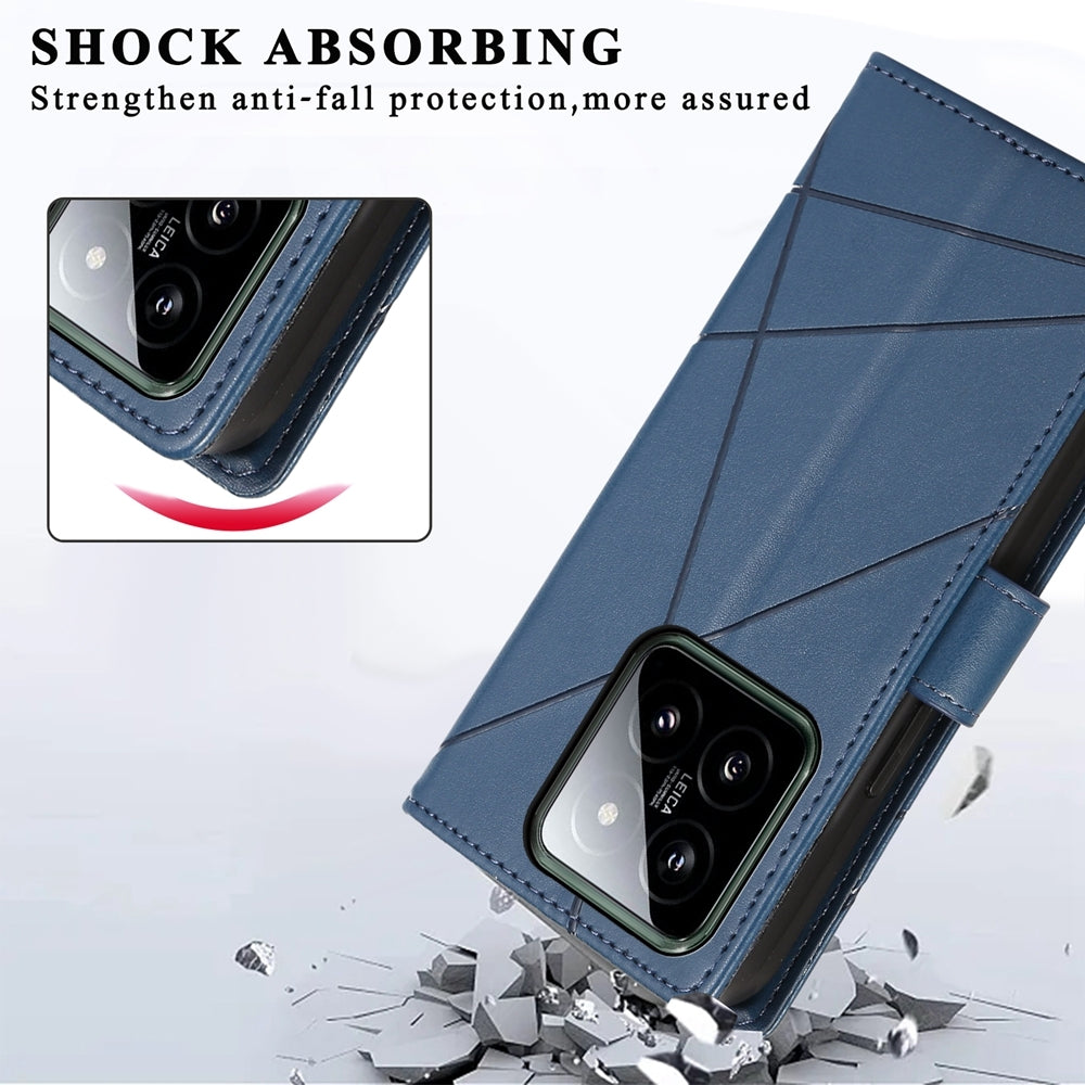 Xiaomi 14 PU Genuine Leather Texture Embossed Line Phone Case with Card Wallet, Kickstand & Wrist Strap