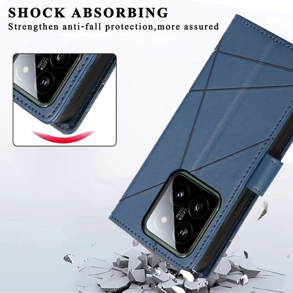 Xiaomi 14 PU Genuine Leather Texture Embossed Line Phone Case with Card Wallet, Kickstand & Wrist Strap