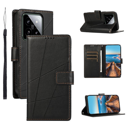Xiaomi 14 PU Genuine Leather Texture Embossed Line Phone Case with Card Wallet, Kickstand & Wrist Strap