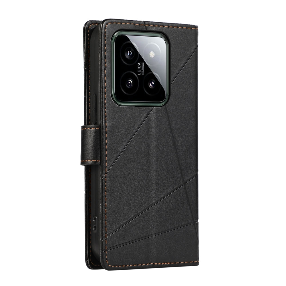 Xiaomi 14 PU Genuine Leather Texture Embossed Line Phone Case with Card Wallet, Kickstand & Wrist Strap