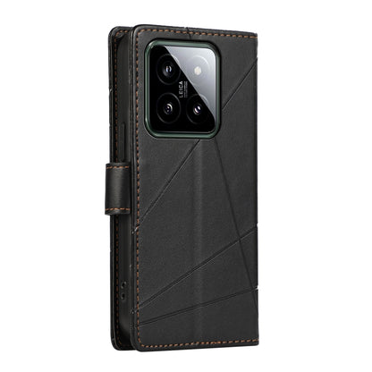 Xiaomi 14 PU Genuine Leather Texture Embossed Line Phone Case with Card Wallet, Kickstand & Wrist Strap
