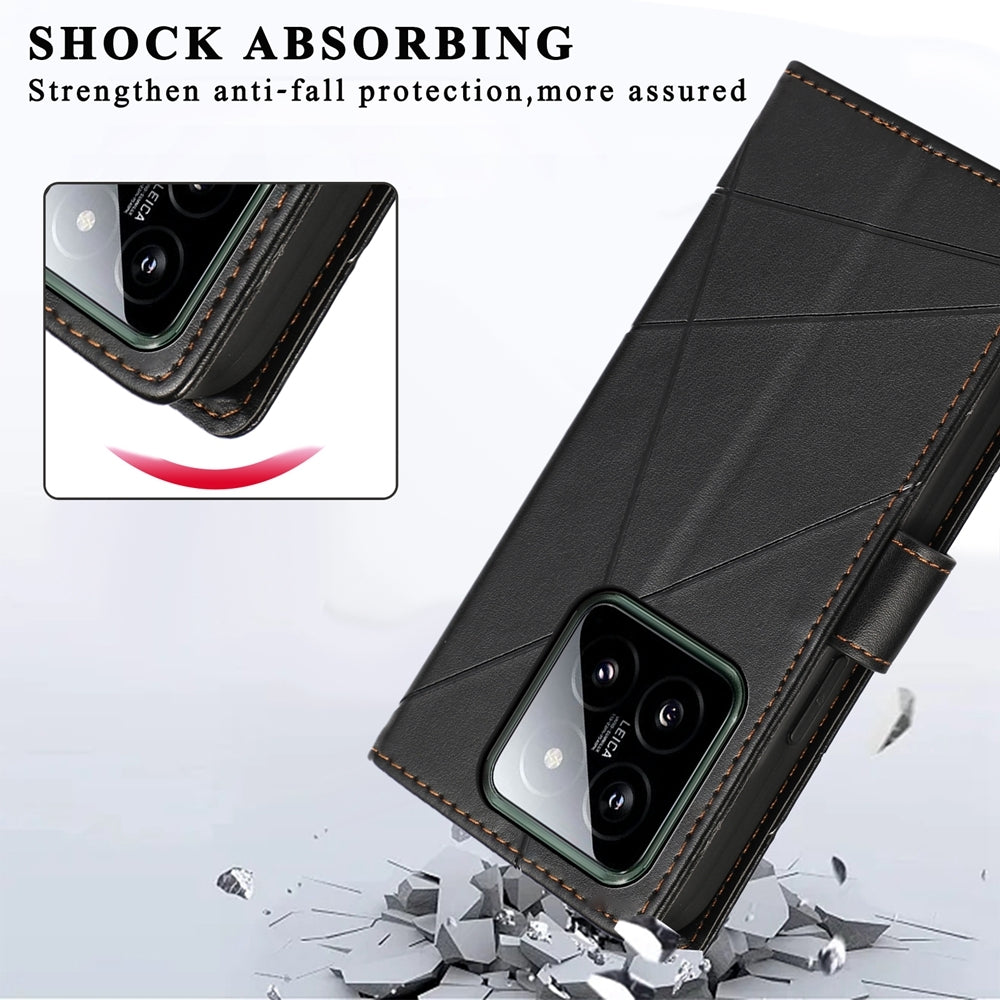 Xiaomi 14 PU Genuine Leather Texture Embossed Line Phone Case with Card Wallet, Kickstand & Wrist Strap