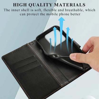 Xiaomi 14 PU Genuine Leather Texture Embossed Line Phone Case with Card Wallet, Kickstand & Wrist Strap