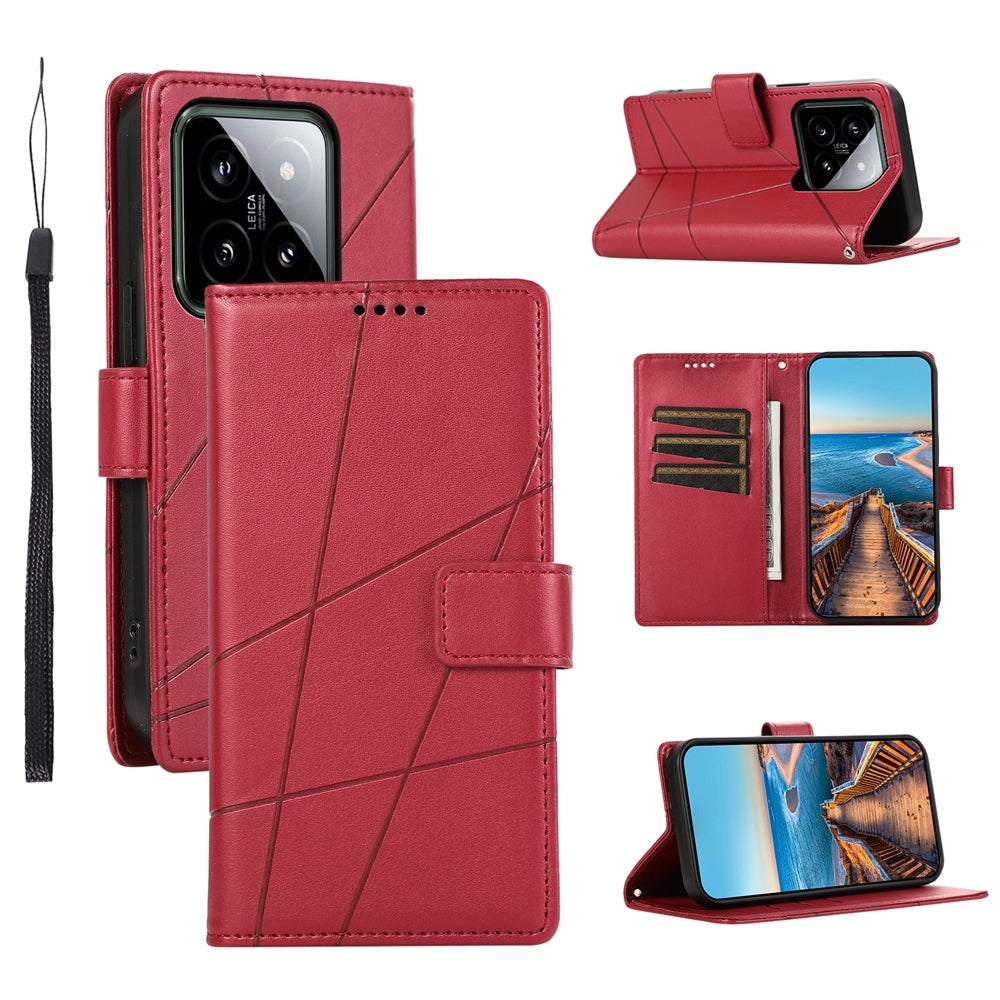Xiaomi 14 PU Genuine Leather Texture Embossed Line Phone Case with Card Wallet, Kickstand & Wrist Strap