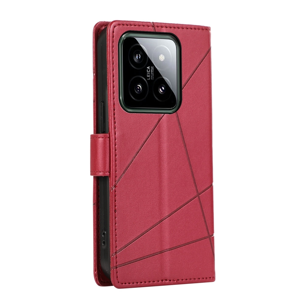 Xiaomi 14 PU Genuine Leather Texture Embossed Line Phone Case with Card Wallet, Kickstand & Wrist Strap