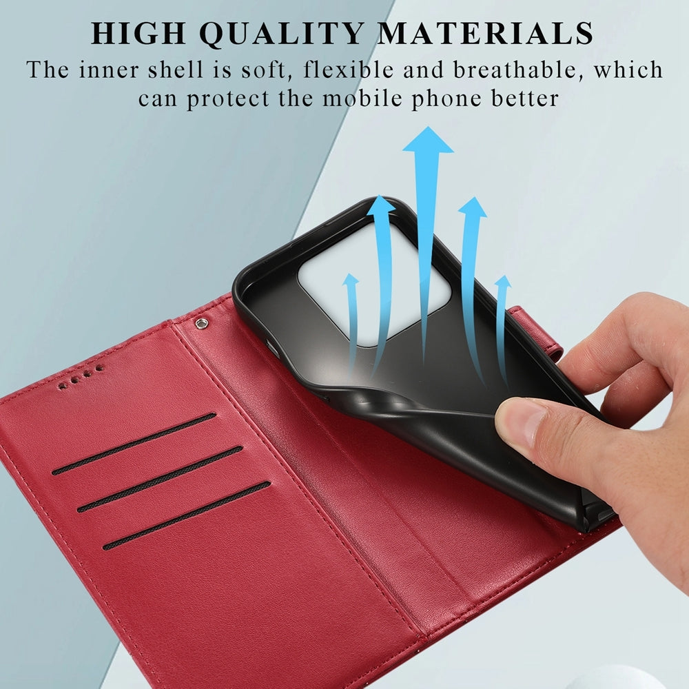 Xiaomi 14 PU Genuine Leather Texture Embossed Line Phone Case with Card Wallet, Kickstand & Wrist Strap