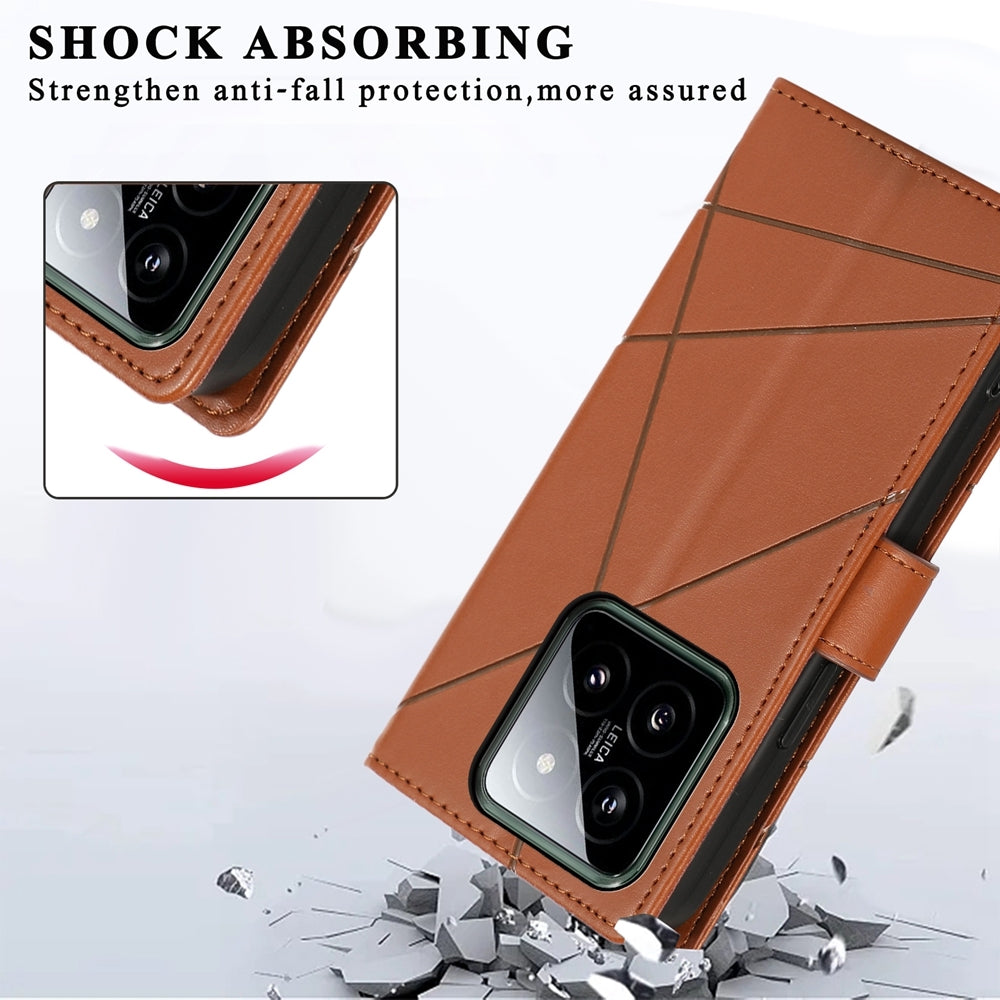 Xiaomi 14 PU Genuine Leather Texture Embossed Line Phone Case with Card Wallet, Kickstand & Wrist Strap