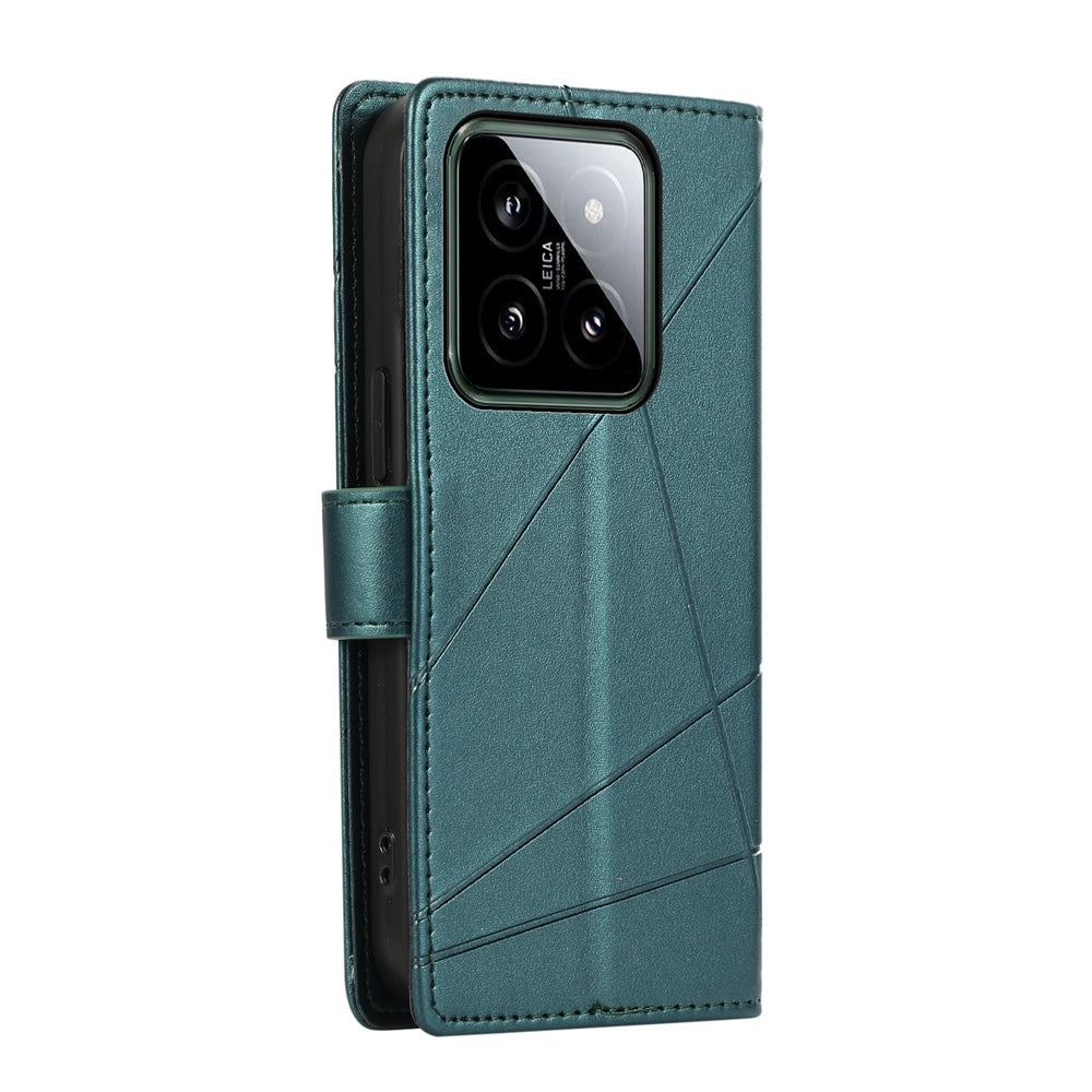 Xiaomi 14 PU Genuine Leather Texture Embossed Line Phone Case with Card Wallet, Kickstand & Wrist Strap