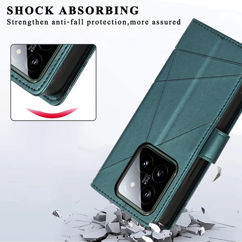 Xiaomi 14 PU Genuine Leather Texture Embossed Line Phone Case with Card Wallet, Kickstand & Wrist Strap