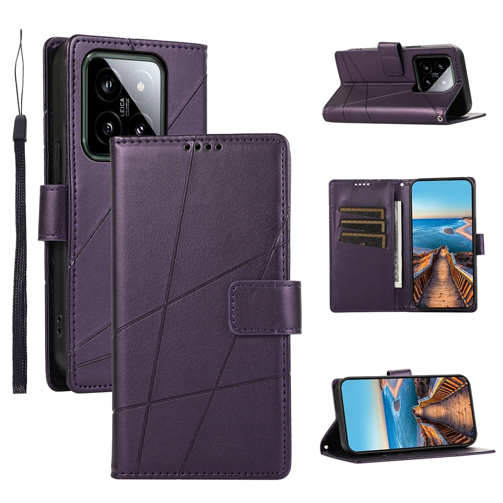Xiaomi 14 PU Genuine Leather Texture Embossed Line Phone Case with Card Wallet, Kickstand & Wrist Strap