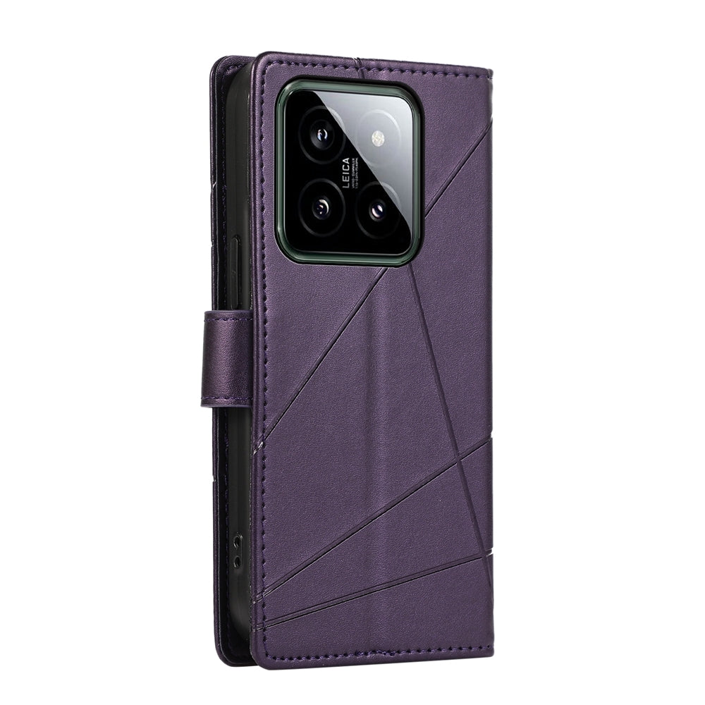 Xiaomi 14 PU Genuine Leather Texture Embossed Line Phone Case with Card Wallet, Kickstand & Wrist Strap