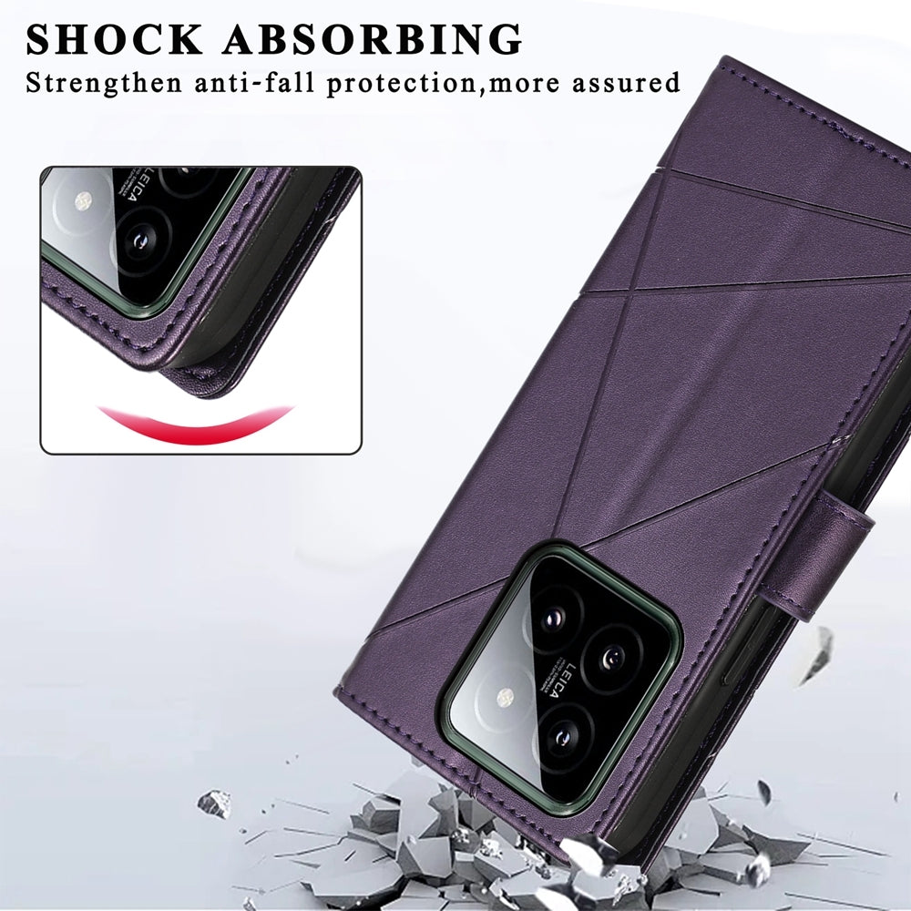 Xiaomi 14 PU Genuine Leather Texture Embossed Line Phone Case with Card Wallet, Kickstand & Wrist Strap