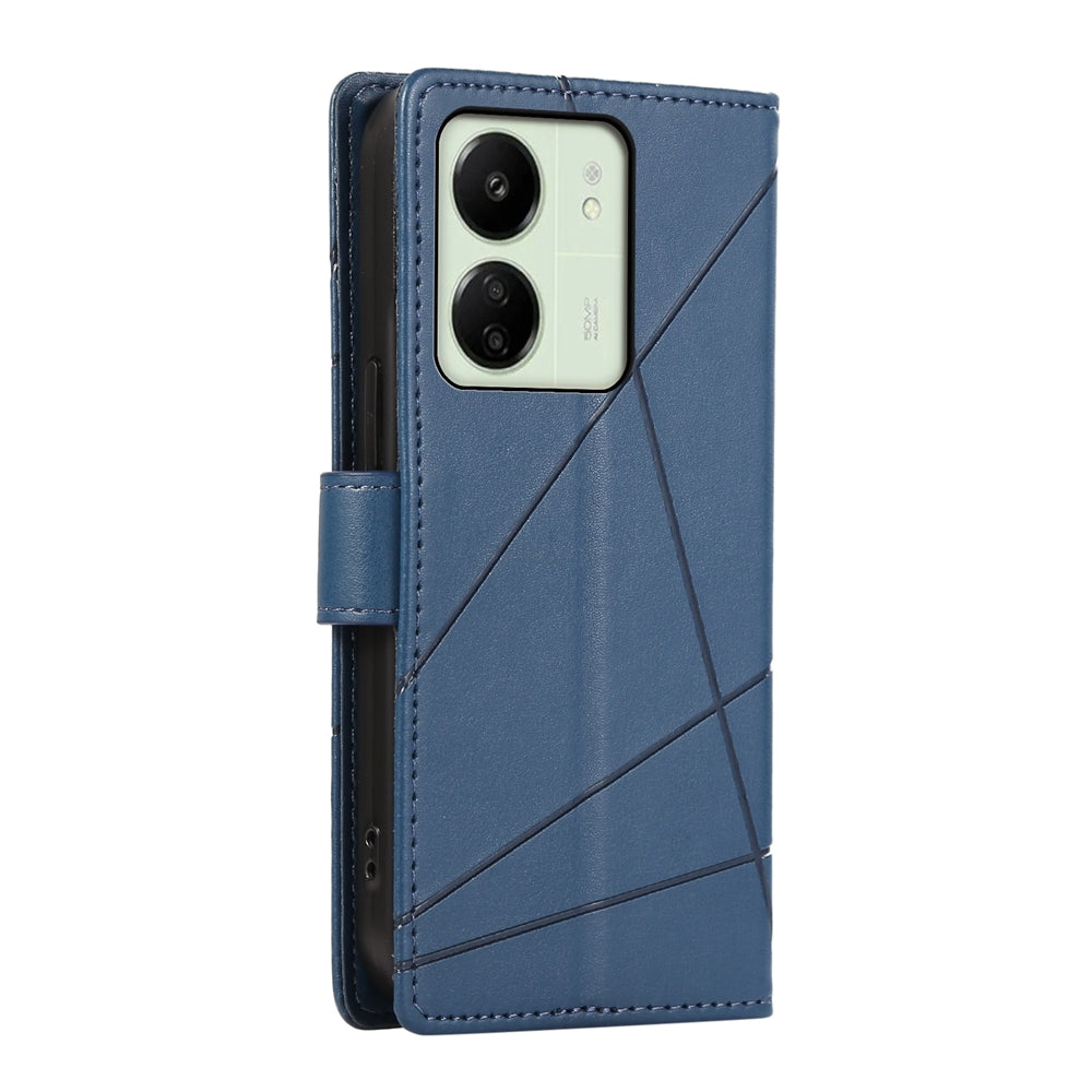 Xiaomi Redmi 13C PU Genuine Leather Texture Embossed Line Phone Case with Card Wallet, Kickstand & Wrist Strap
