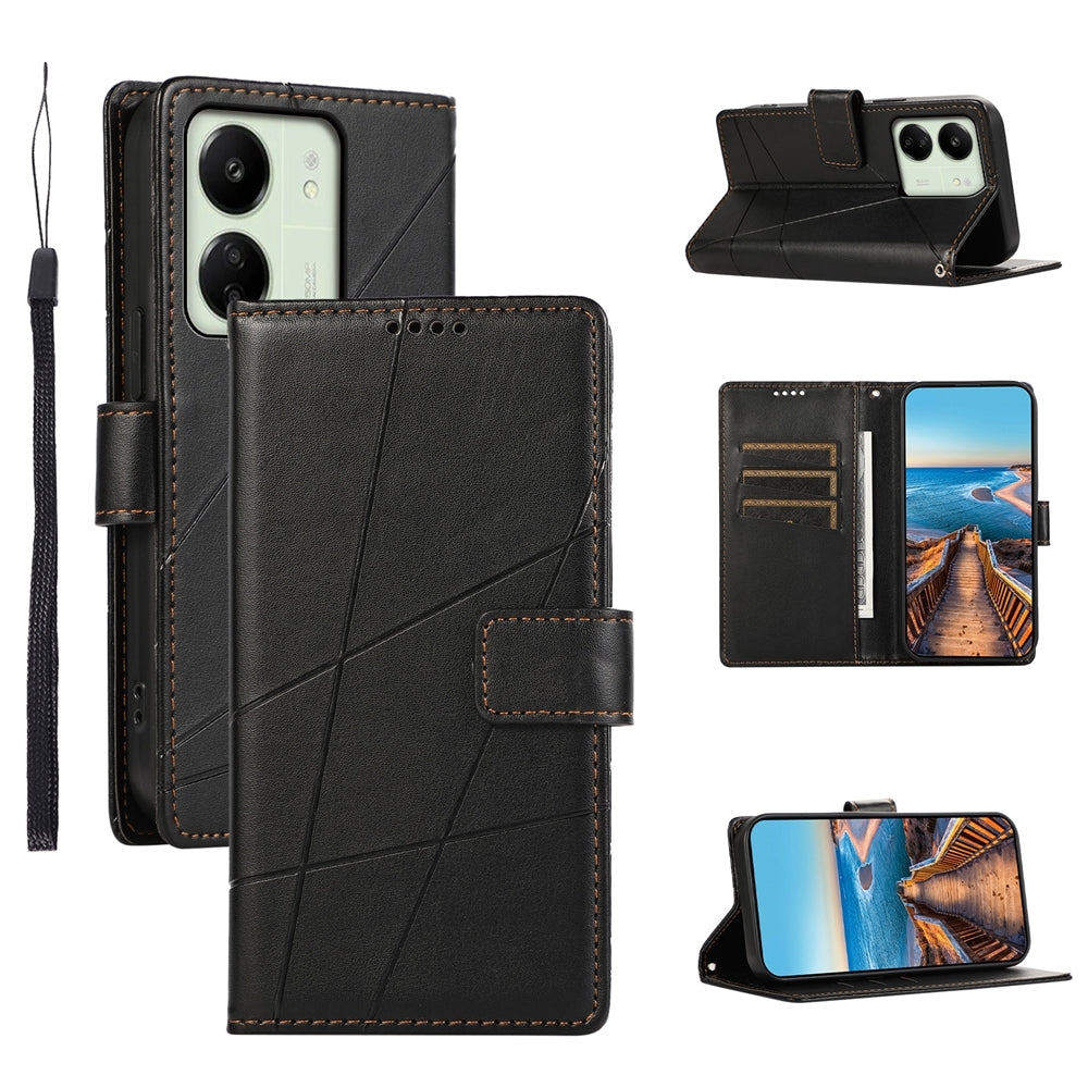 Xiaomi Redmi 13C PU Genuine Leather Texture Embossed Line Phone Case with Card Wallet, Kickstand & Wrist Strap