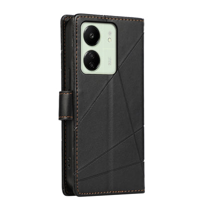 Xiaomi Redmi 13C PU Genuine Leather Texture Embossed Line Phone Case with Card Wallet, Kickstand & Wrist Strap