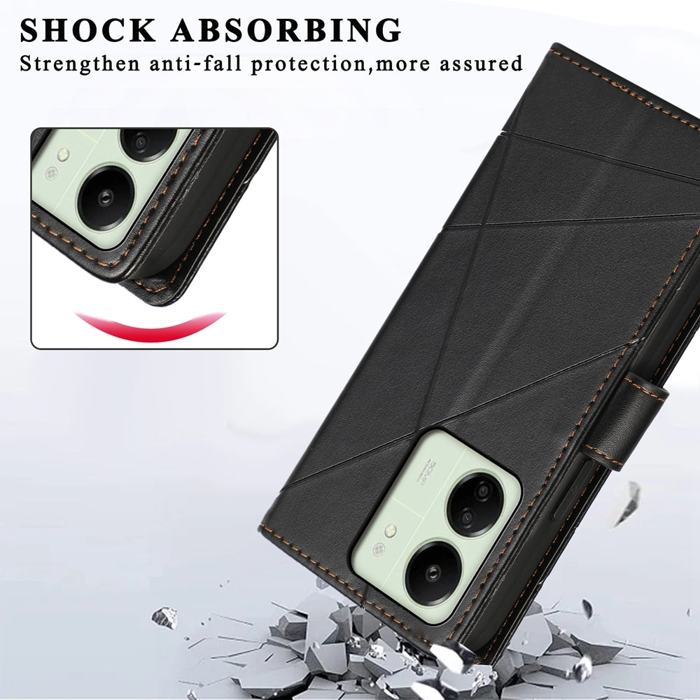 Xiaomi Redmi 13C PU Genuine Leather Texture Embossed Line Phone Case with Card Wallet, Kickstand & Wrist Strap