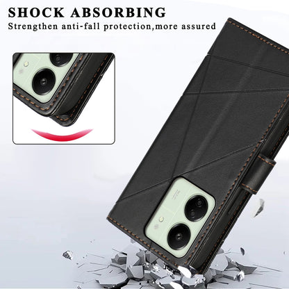 Xiaomi Redmi 13C PU Genuine Leather Texture Embossed Line Phone Case with Card Wallet, Kickstand & Wrist Strap