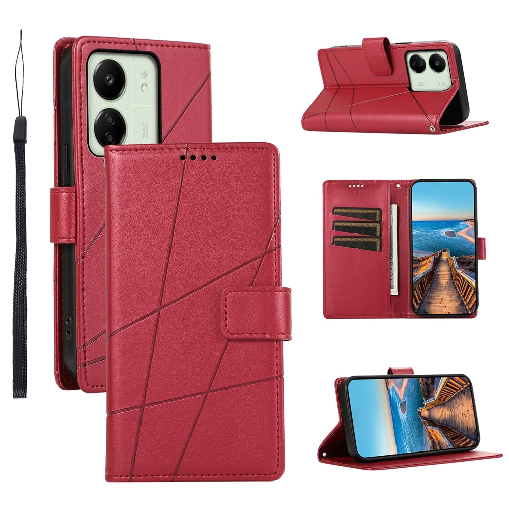 Xiaomi Redmi 13C PU Genuine Leather Texture Embossed Line Phone Case with Card Wallet, Kickstand & Wrist Strap