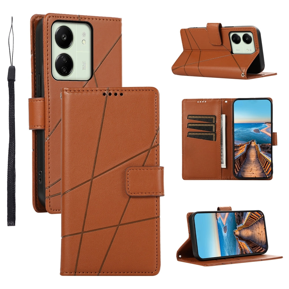 Xiaomi Redmi 13C PU Genuine Leather Texture Embossed Line Phone Case with Card Wallet, Kickstand & Wrist Strap