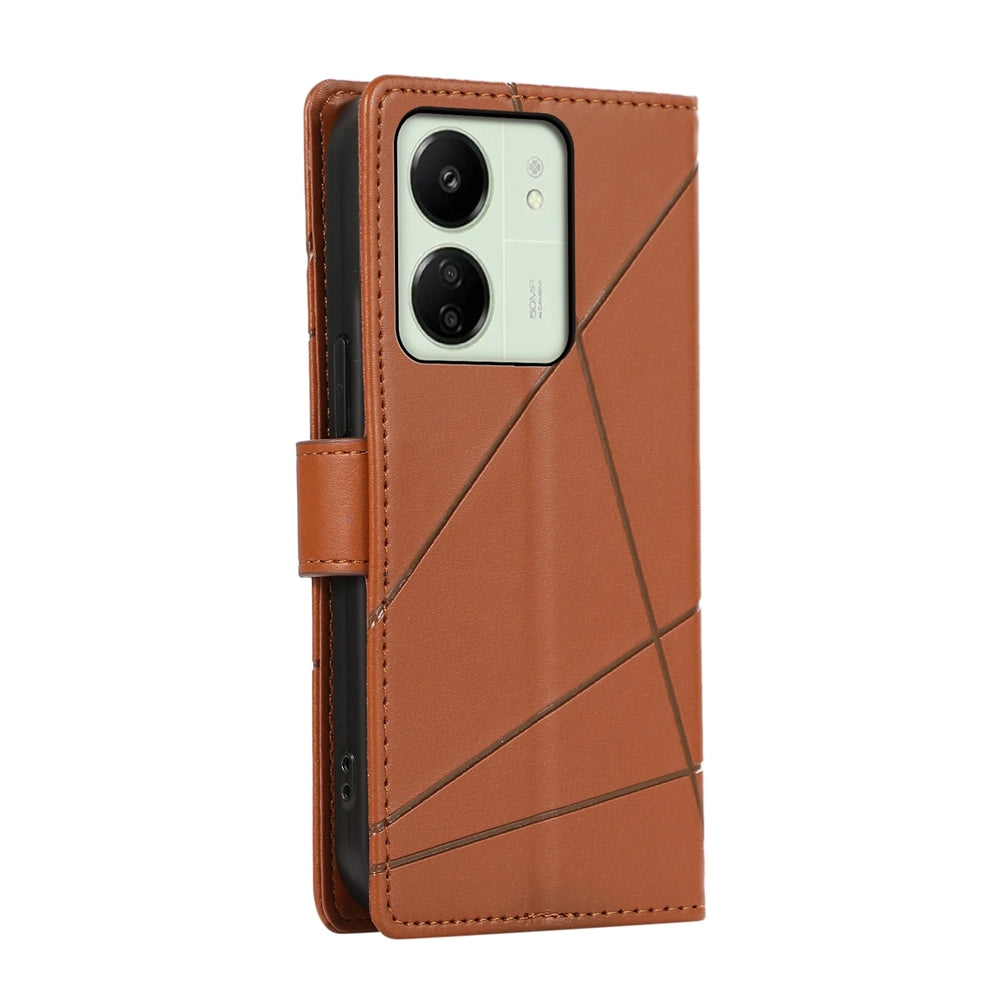 Xiaomi Redmi 13C PU Genuine Leather Texture Embossed Line Phone Case with Card Wallet, Kickstand & Wrist Strap