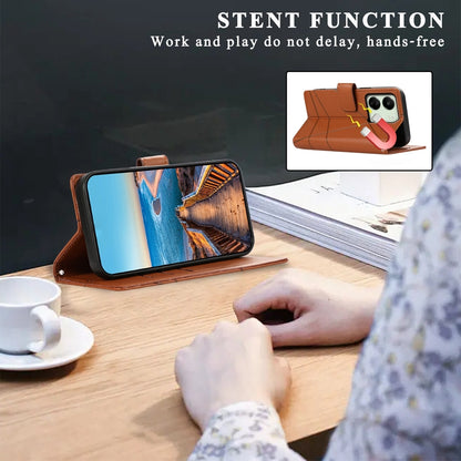Xiaomi Redmi 13C PU Genuine Leather Texture Embossed Line Phone Case with Card Wallet, Kickstand & Wrist Strap