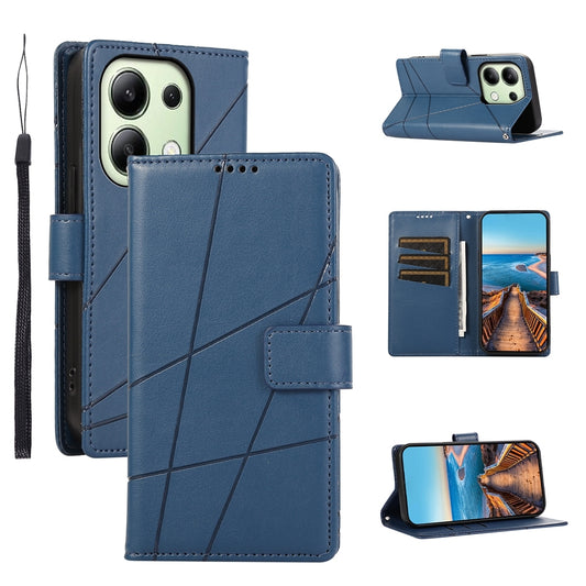 Xiaomi Redmi Note 13 4G PU Genuine Leather Texture Embossed Line Phone Case with Card Wallet, Kickstand & Wrist Strap