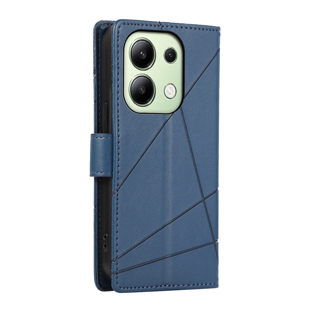 Xiaomi Redmi Note 13 4G PU Genuine Leather Texture Embossed Line Phone Case with Card Wallet, Kickstand & Wrist Strap
