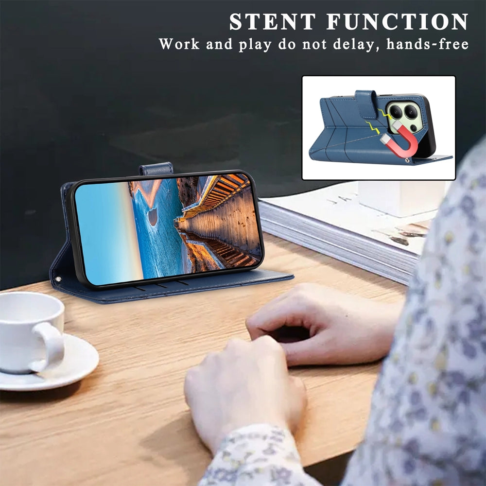 Xiaomi Redmi Note 13 4G PU Genuine Leather Texture Embossed Line Phone Case with Card Wallet, Kickstand & Wrist Strap