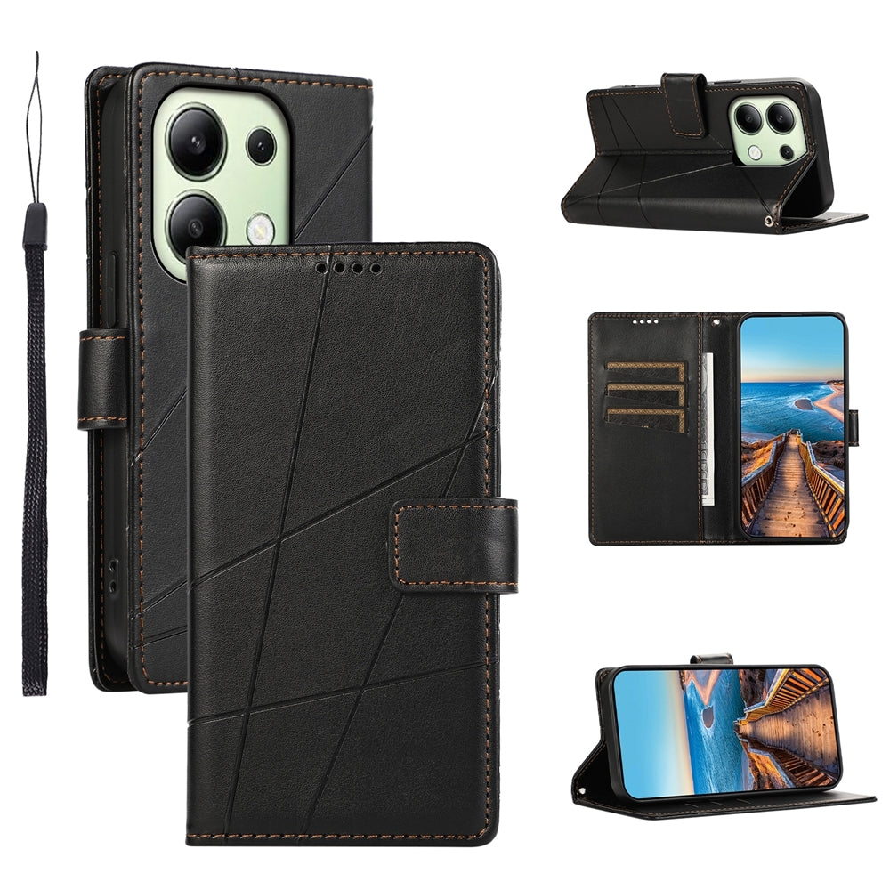 Xiaomi Redmi Note 13 4G PU Genuine Leather Texture Embossed Line Phone Case with Card Wallet, Kickstand & Wrist Strap