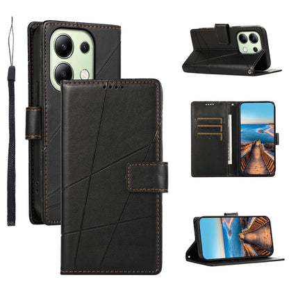 Xiaomi Redmi Note 13 4G PU Genuine Leather Texture Embossed Line Phone Case with Card Wallet, Kickstand & Wrist Strap