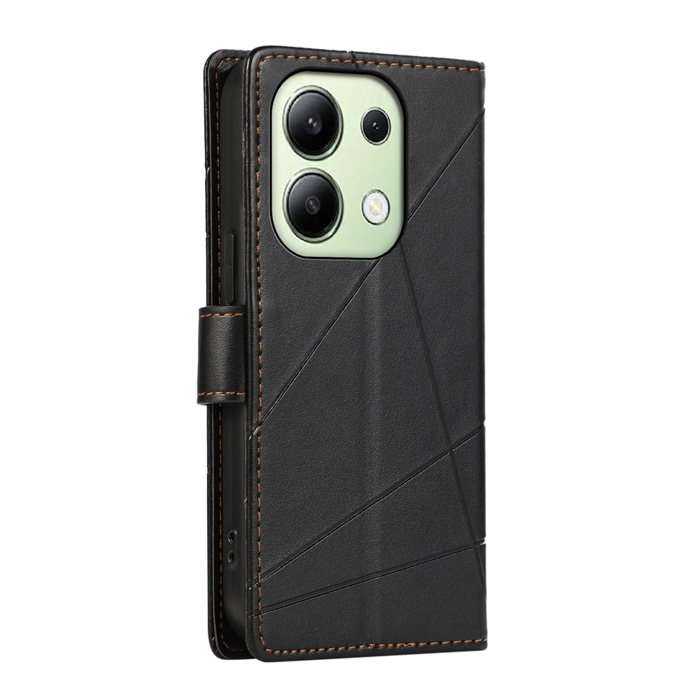 Xiaomi Redmi Note 13 4G PU Genuine Leather Texture Embossed Line Phone Case with Card Wallet, Kickstand & Wrist Strap