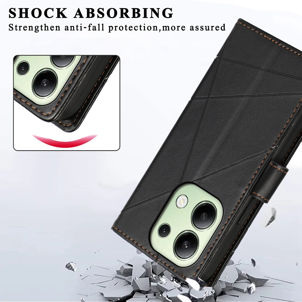 Xiaomi Redmi Note 13 4G PU Genuine Leather Texture Embossed Line Phone Case with Card Wallet, Kickstand & Wrist Strap
