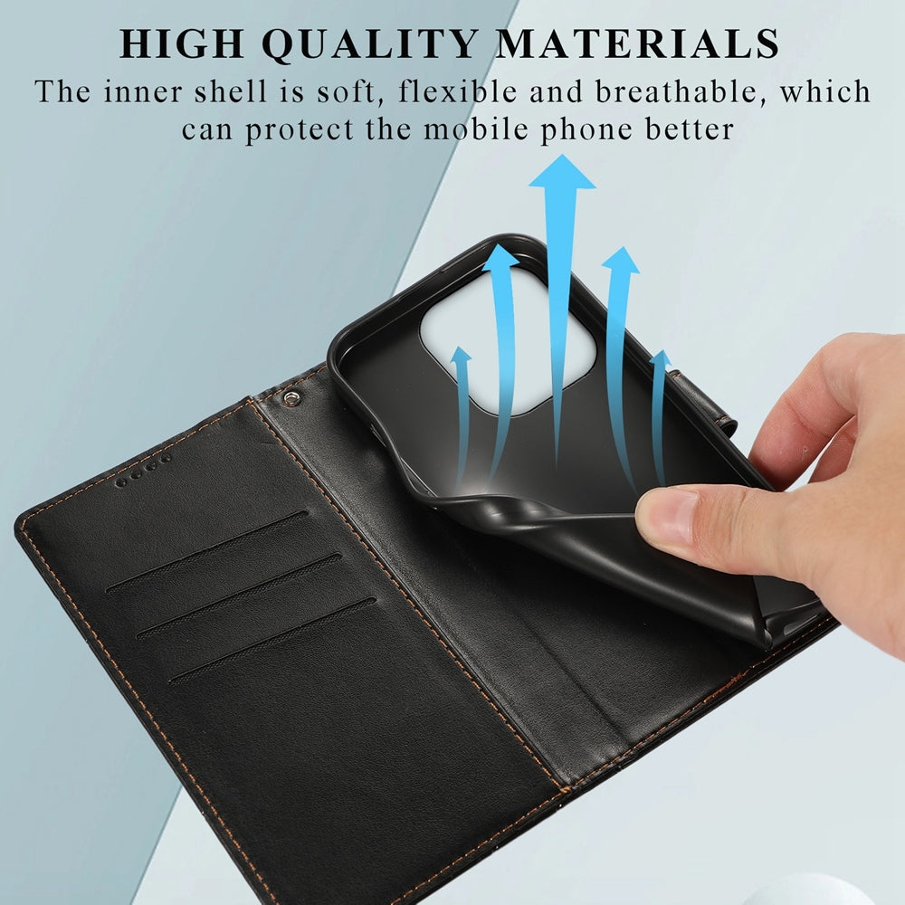 Xiaomi Redmi Note 13 4G PU Genuine Leather Texture Embossed Line Phone Case with Card Wallet, Kickstand & Wrist Strap