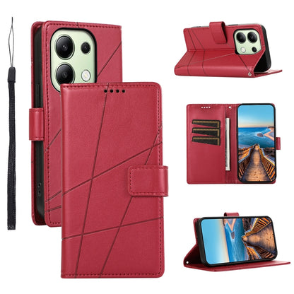 Xiaomi Redmi Note 13 4G PU Genuine Leather Texture Embossed Line Phone Case with Card Wallet, Kickstand & Wrist Strap