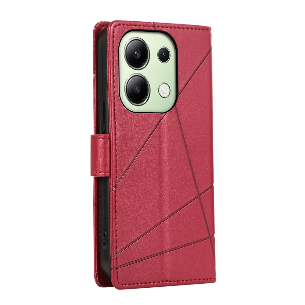 Xiaomi Redmi Note 13 4G PU Genuine Leather Texture Embossed Line Phone Case with Card Wallet, Kickstand & Wrist Strap