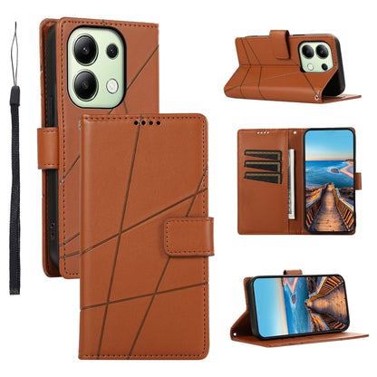 Xiaomi Redmi Note 13 4G PU Genuine Leather Texture Embossed Line Phone Case with Card Wallet, Kickstand & Wrist Strap