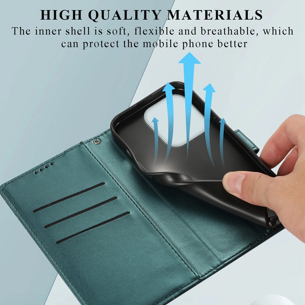 Xiaomi Redmi Note 13 4G PU Genuine Leather Texture Embossed Line Phone Case with Card Wallet, Kickstand & Wrist Strap