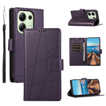 Xiaomi Redmi Note 13 4G PU Genuine Leather Texture Embossed Line Phone Case with Card Wallet, Kickstand & Wrist Strap