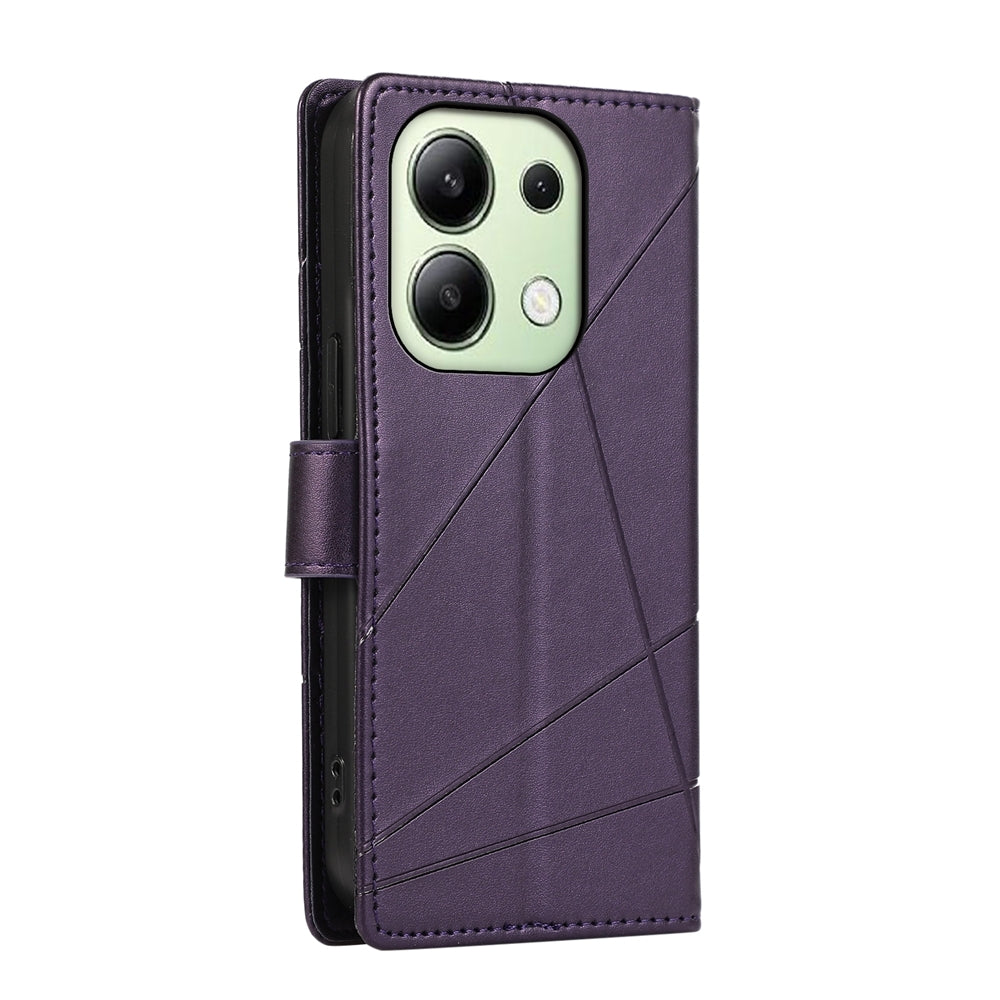 Xiaomi Redmi Note 13 4G PU Genuine Leather Texture Embossed Line Phone Case with Card Wallet, Kickstand & Wrist Strap