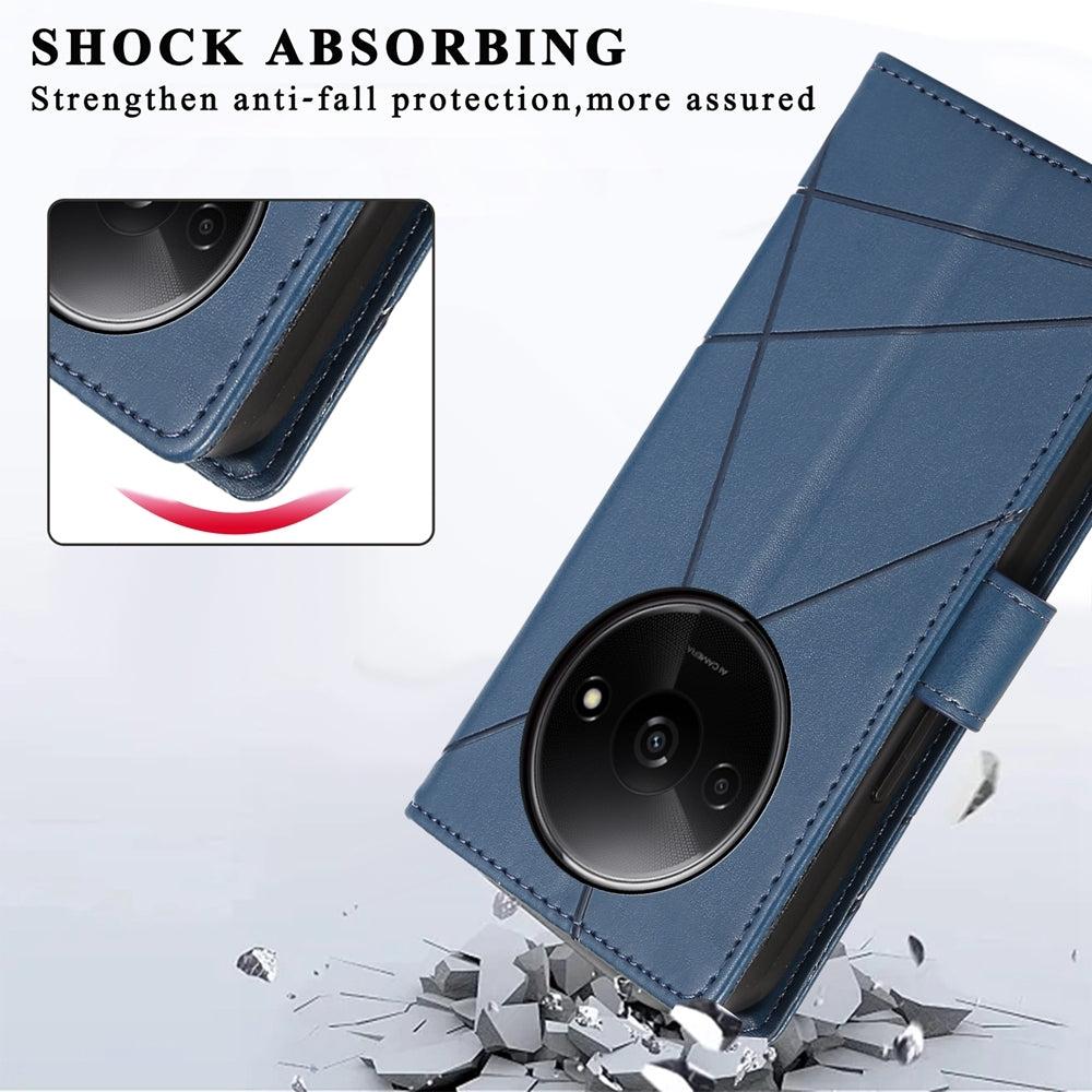 Xiaomi Redmi A3 PU Genuine Leather Texture Embossed Line Phone Case with Card Wallet, Kickstand & Wrist Strap