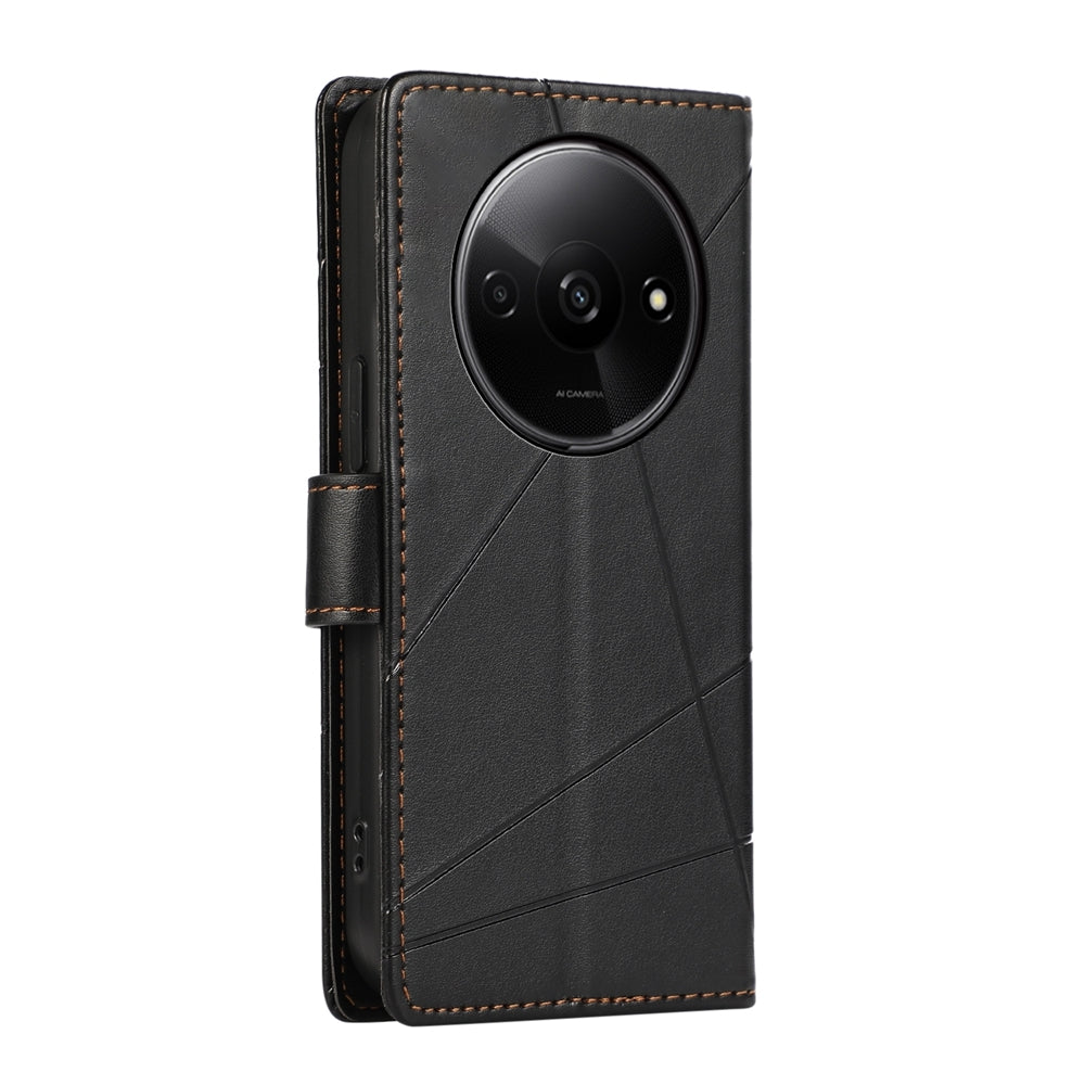 Xiaomi Redmi A3 PU Genuine Leather Texture Embossed Line Phone Case with Card Wallet, Kickstand & Wrist Strap
