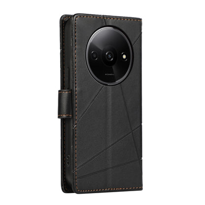 Xiaomi Redmi A3 PU Genuine Leather Texture Embossed Line Phone Case with Card Wallet, Kickstand & Wrist Strap