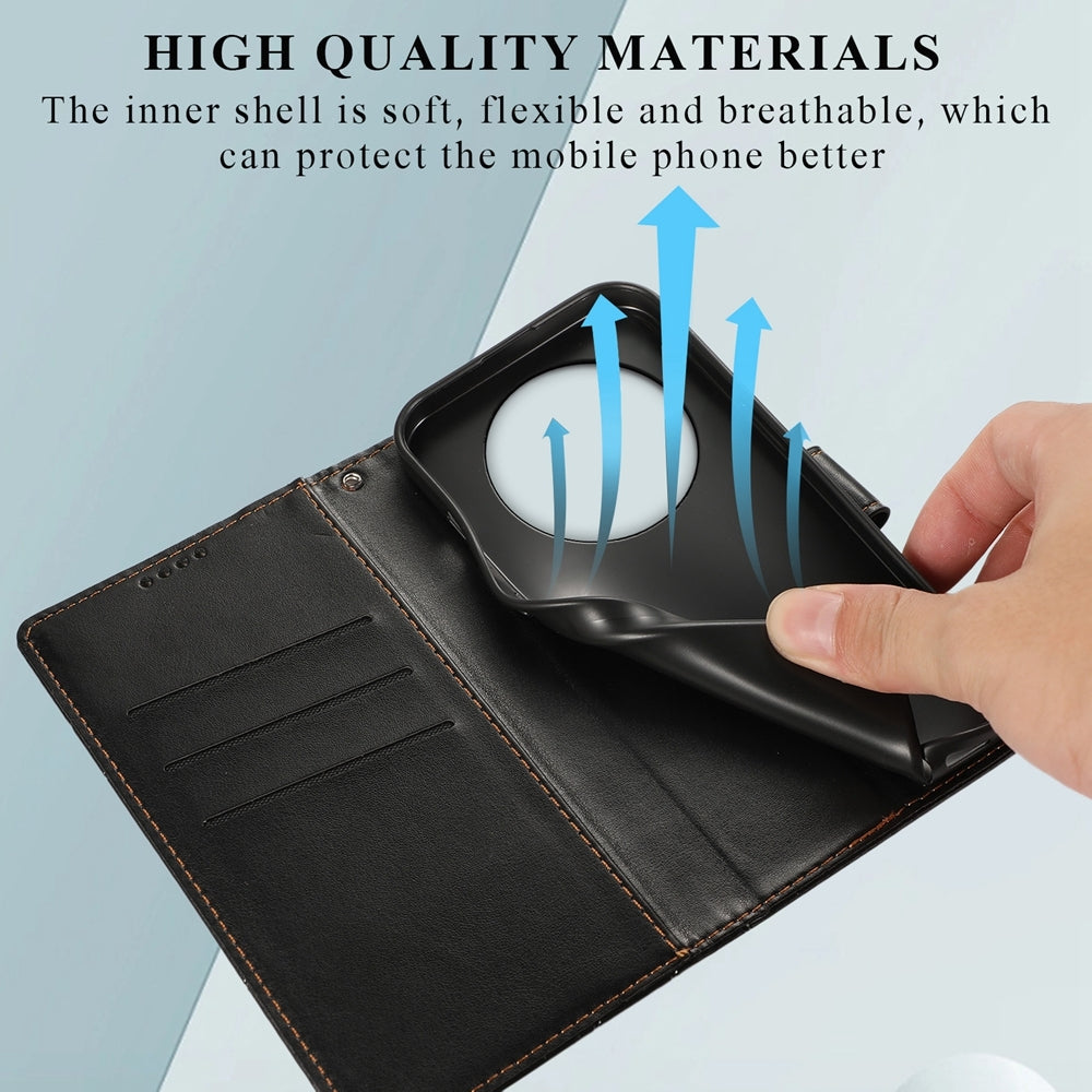 Xiaomi Redmi A3 PU Genuine Leather Texture Embossed Line Phone Case with Card Wallet, Kickstand & Wrist Strap