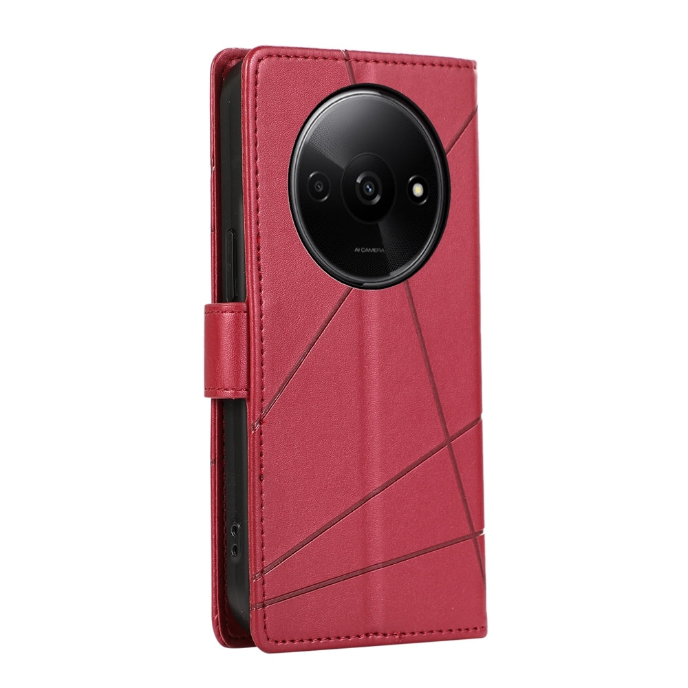 Xiaomi Redmi A3 PU Genuine Leather Texture Embossed Line Phone Case with Card Wallet, Kickstand & Wrist Strap