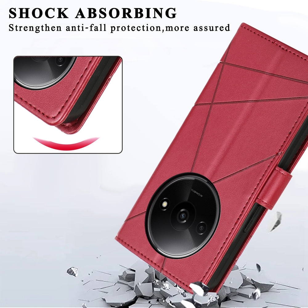 Xiaomi Redmi A3 PU Genuine Leather Texture Embossed Line Phone Case with Card Wallet, Kickstand & Wrist Strap