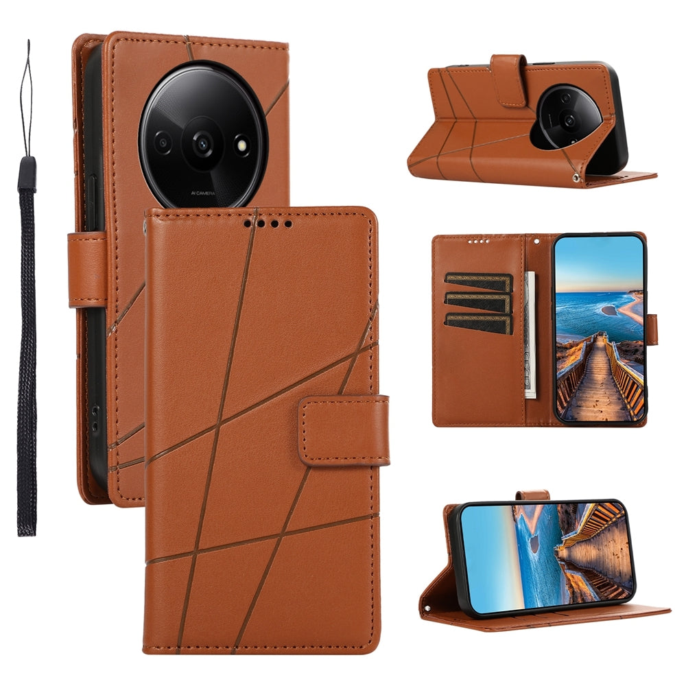 Xiaomi Redmi A3 PU Genuine Leather Texture Embossed Line Phone Case with Card Wallet, Kickstand & Wrist Strap