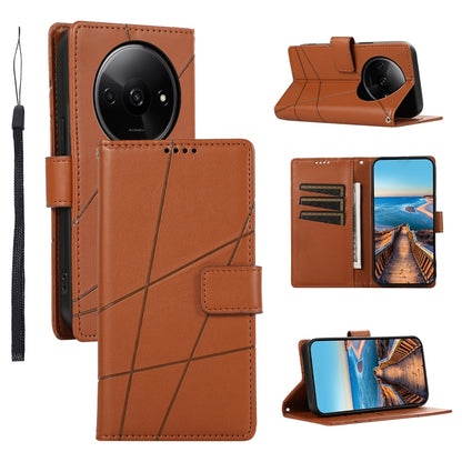 Xiaomi Redmi A3 PU Genuine Leather Texture Embossed Line Phone Case with Card Wallet, Kickstand & Wrist Strap