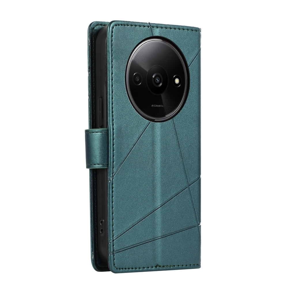 Xiaomi Redmi A3 PU Genuine Leather Texture Embossed Line Phone Case with Card Wallet, Kickstand & Wrist Strap