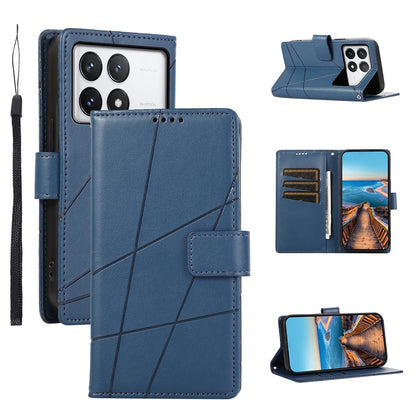 Xiaomi Poco X6 Pro 5G PU Genuine Leather Texture Embossed Line Phone Case with Card Wallet, Kickstand & Wrist Strap