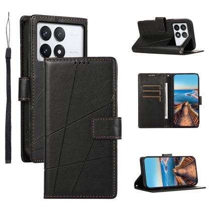 Xiaomi Poco X6 Pro 5G PU Genuine Leather Texture Embossed Line Phone Case with Card Wallet, Kickstand & Wrist Strap